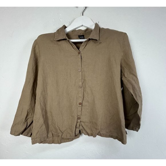 Eileen Fisher Womens Irish Linen Button-Up Shirt Tan Large Long Sleeve Relaxed - Picture 1 of 9